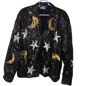 Vintage Modi black silk sequins celestial moon stars full-zip jacket (M 8/10)
